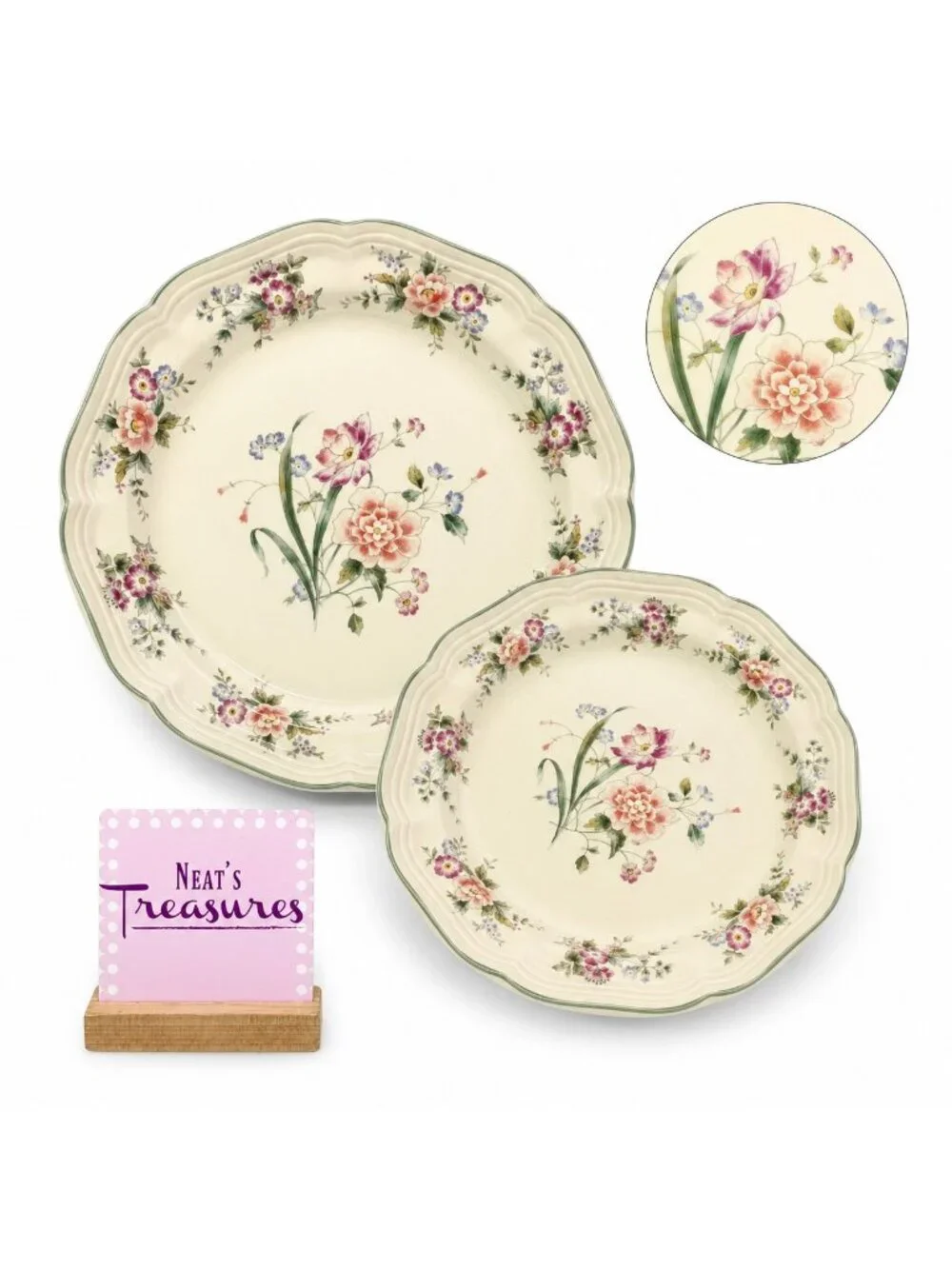 Mikasa PEONY BOUQUET Heritage Peach Blue Flower 1 Dinner Plate & 1 Salad Plate